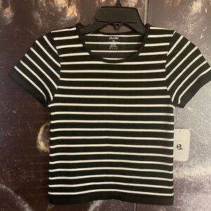 Elodie Black & White Striped Ribbed Short Sleeve Tee